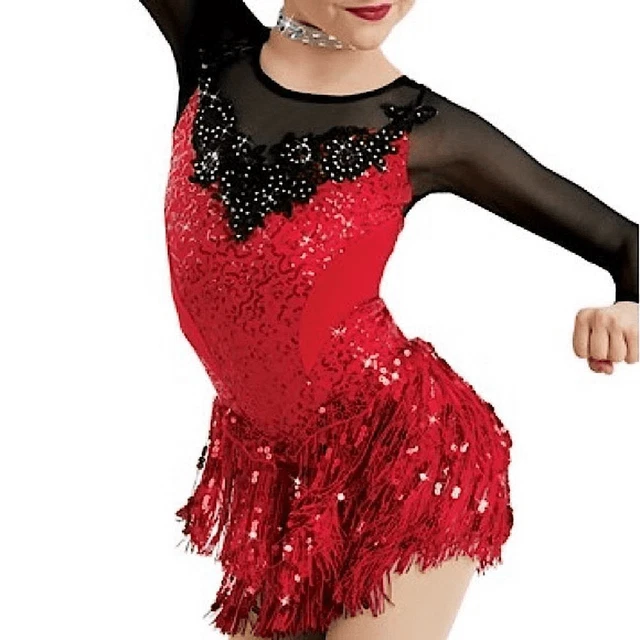 Weissman Straycat strut dance costume red black fringe sequin dress child MC
