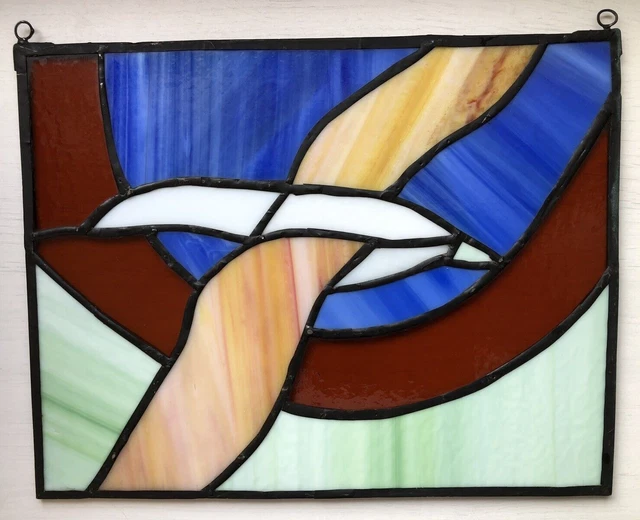 Vintage Leaded Stained Glass Seagull Shore Bird Panel Window Hanging 11" x 8.5"