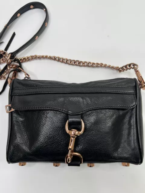 Rebecca Minkoff Mini Mac Crossbody Black Leather Rose Gold Hardware Chain Strap