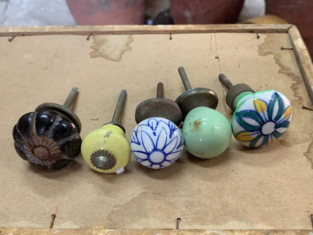 Vintage Porcelain Ceramic Floral Design Painted Multicolor Door Knobs Set Of 5