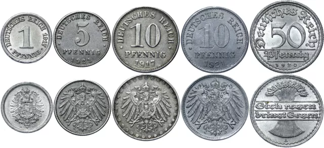 German Empire Collection BUNDLE Set 5 Coins 1 5 10 50 Pfennig 1915-1922 LOT WW1
