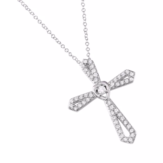 14K White Gold Over Sterling Silver Cross Neecklace Pendant Lab Created Diamonds