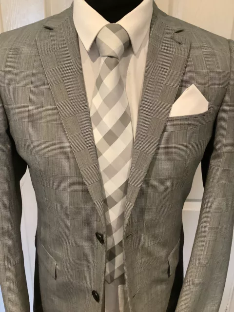 Men’s Two Piece Suit Grey Prince Of Wales Check By Next 38R Wool Mix Worn Once