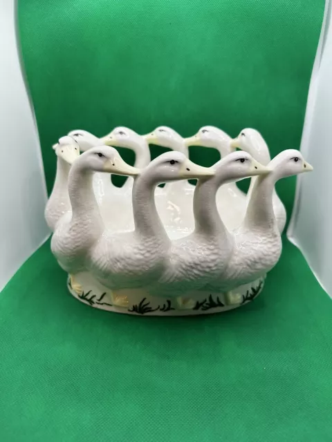 Vintage Holland Mold Ceramic 10 White Geese Ducks in a Row Oval Dish