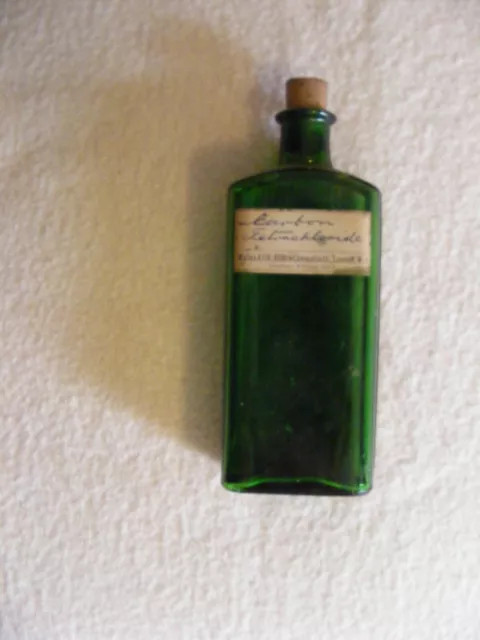 vintage green chemist bottle, wallace & co,new cavendish st,london,w.1