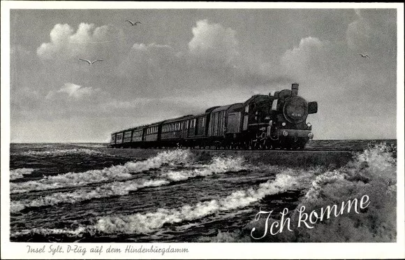 Ak Nordseebad Westerland auf Sylt, Lokomotive auf dem Hindenburgdamm - 2967768