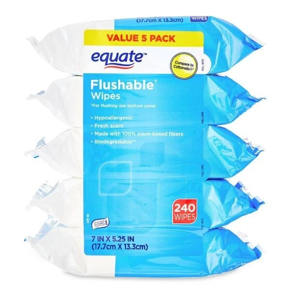 Equate Flushable Wipes, Fresh Scent, 5 packs of 48 wipes, 240 wipes total