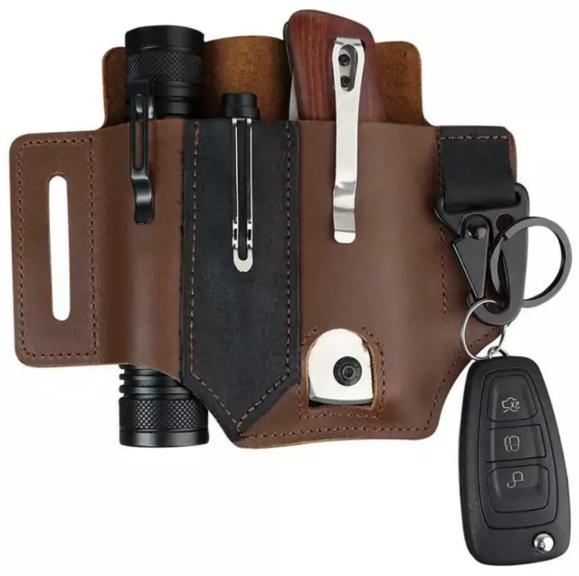 Portable Genuine Leather Belt EDC Pouch Tool Kit Bag Flashlight Pen Knife Pouch