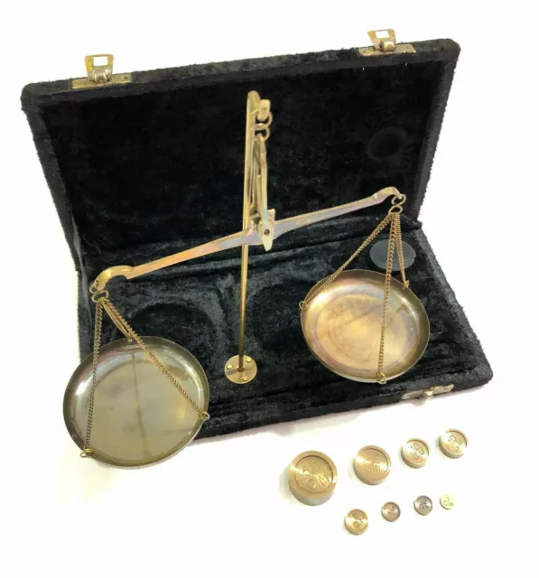 Antique Finish Brass Jewellery Balance Scale with Velvet Box Goldsmith Weight Ba