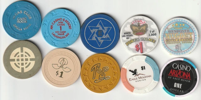 10 Different Casino Chips From Casinos In Various Locations And Denominations