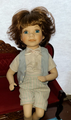 Porcelain Bisque 1980s Doll Brunette Hair Aquamarine Eyes Baby Blue Vest Capris