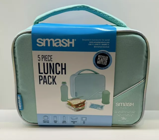 Smash confezione pranzo 5 pezzi | borsa con cerniera, bottiglia, scatola sandwich, tubo snack, gel ghiaccio