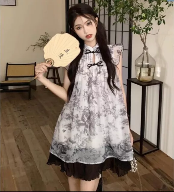 Chinese women retro girl ink painting chiffon dress party elegant dress retro