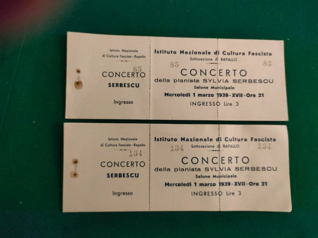 Cultura Fascista Due Biglietti Per Un Concerto A Rapallo 1939