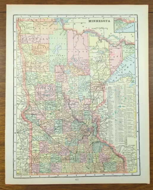 Vintage 1900 MINNESOTA Map 11"x14" Old Antique Original MINNEAPOLIS ST PAUL MN