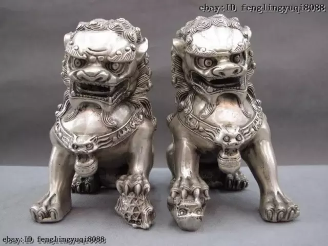 China Folk White Bronze Copper Silver Fengshui beast Kylin Fu Foo Dog Lion Pair