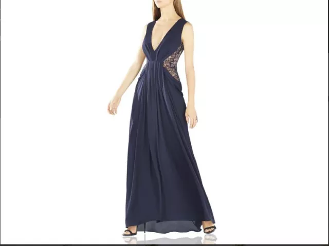 BCBGMAXAZRIA Draped Illusion Lace Navy Blue Gown 8 New