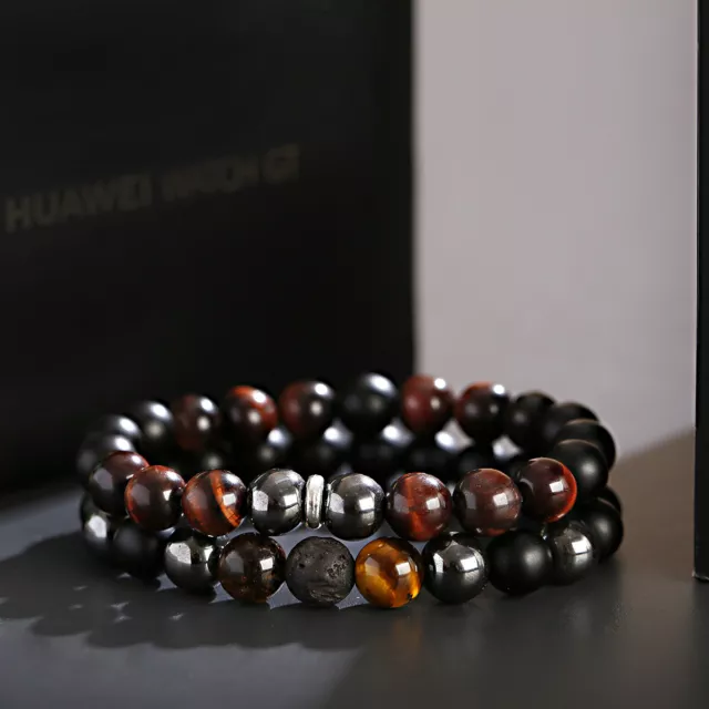 Mens Natural Red Tigers Eye Onyx Lava Stone Hematite Beaded Bracelet Jewelry Set