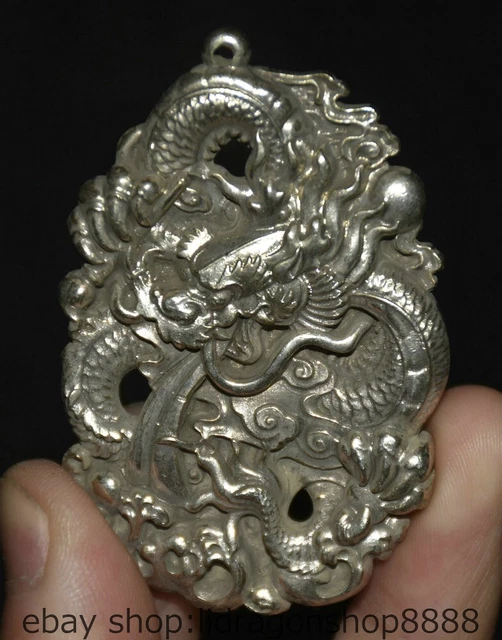 Pendentif Ancien Hanussen - Amulette Dragon Et Hexagrammes En Argent 925, 30x30mm - Occasion
