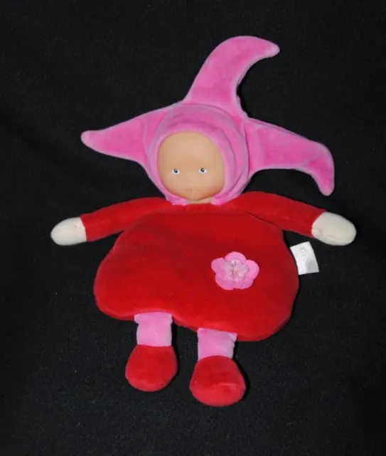 Peluche doudou poupée poupon lutin COROLLE rouge rose fleur grelot 25 cm TTBE