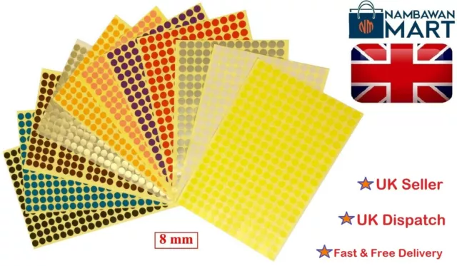 8mm Coloured Dots Round Stickers Sticky Adhesive Spot Circle Paper Labels UK DS8