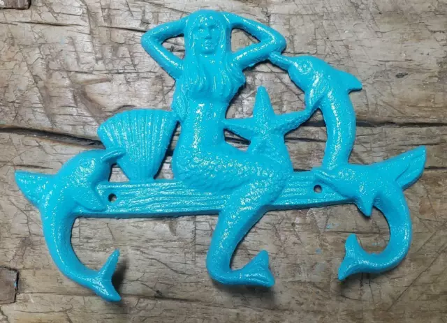 Cast Iron MERMAID Towel Hanger Coat Hooks Hat Hook, Key Rack DOLPHIN Turquoise