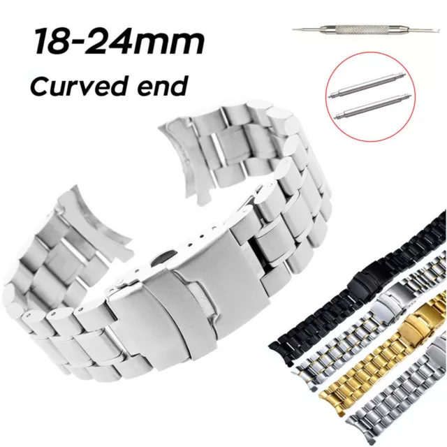 Secure Clasp Curved Ends Strap Solid Stainless Steel Watch Band 18 20mm 24 22mm 2