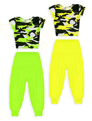 Girls Dance Set New Kids Camo Crop Top Neon Harem Pant Outfit Ages 7 - 13 Years