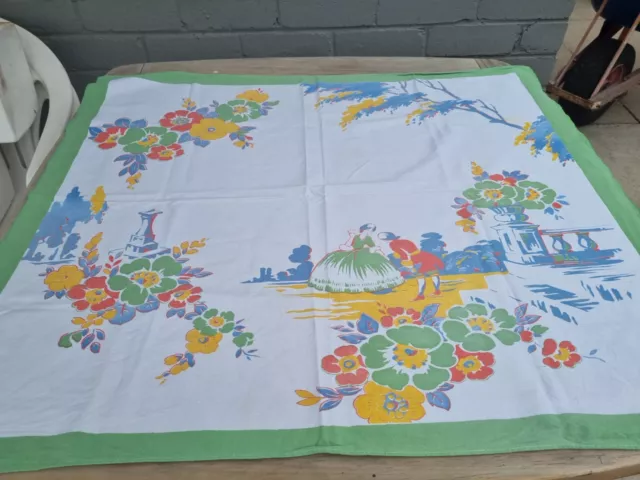 Vintage Table Cloth Crinoline Lady with fan flowers 90cm x  79cm approx