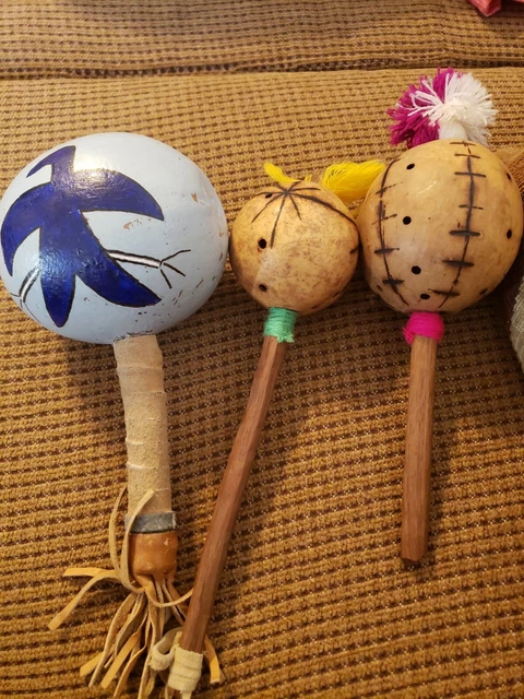 Native American Leather Wrapped Hand Made Painted  Musical Rattles Lot of 3