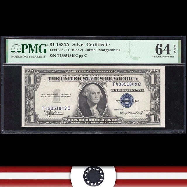 1935-A $1 SILVER CERTIFICATE T-A Block PMG 64 EPQ Fr 1608 T43851849C