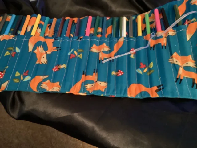 Handmade colouring pencil roll  teal foxes with 25 colouring  pencils