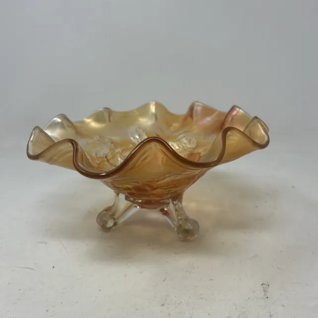 Dugan Carnival Glass Bowl Cherries Marigold Golden Glow 3 Footed Ruffled 8 Inch