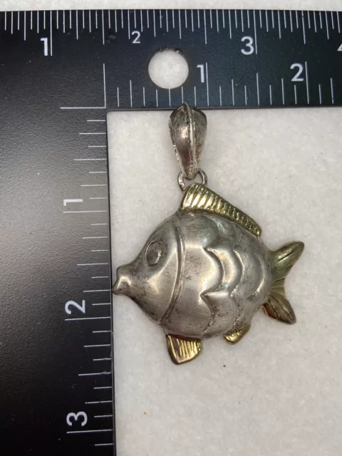 Vintage Pewter Silver Gold Tone Fish Pendant Rare Unique 2"