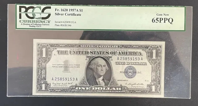 1957 A $1 SILVER CERTIFICATE Fr# 1620, PCGS 65PPQ, VERY NICE NOTE