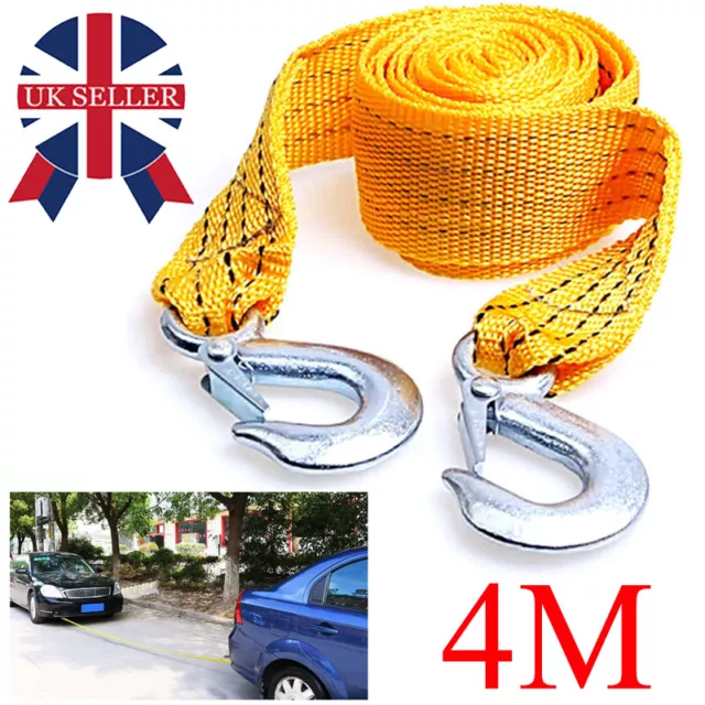 4M Heavy Duty 3-Ton Car Tow Cable Towing Pull Rope Strap Hooks Van Road Recovery