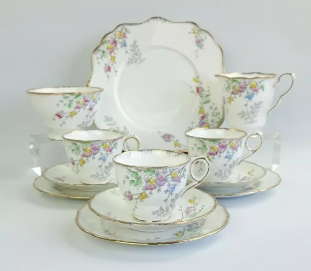 Royal Stafford 12 Piece Bone China Tea Set - Hand Coloured Floral Vintage 1940s