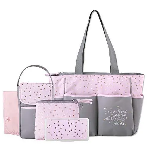 Diaper Bag Tote 5 Piece Set with Sun, Moon, and Stars, Wipes Pocket, Dirty