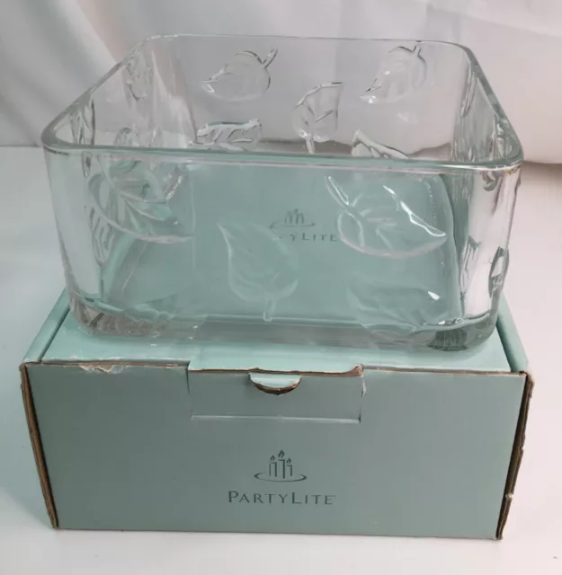 Partylite ARBOR BREEZE Square 7" Clear Glass Embossed Leaf Float Bowl