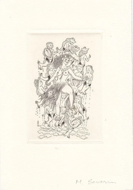 Exlibris Bookplate Kupferstich Mark Severin 1906-1987 Meerjungfrauen Akt