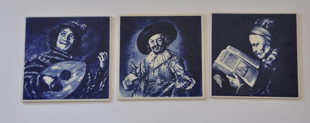 3 vintage deft-style blue approx 6"/ 15 cm square ceramic tiles Made In Germany