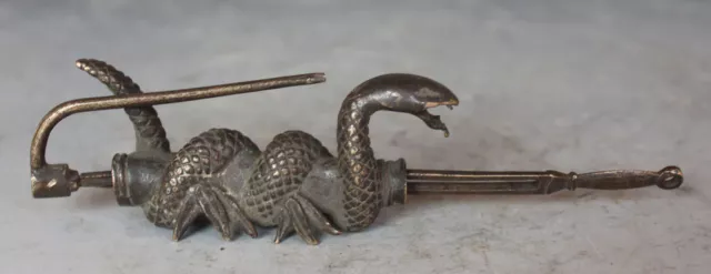 12CM Old Chinese Copper Folk Fengshui Zodiac Year Snake Statue Door lock-up key 3