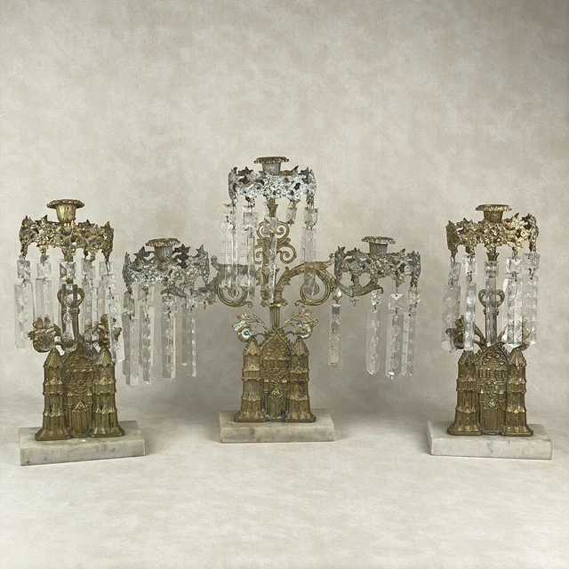 Antique Victorian Girandole Candelabra Set Crystal Prisms Gilded Brass 16"