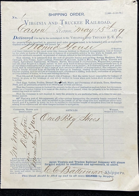 1879  Virginia and Truckee Railroad Shipping Order
