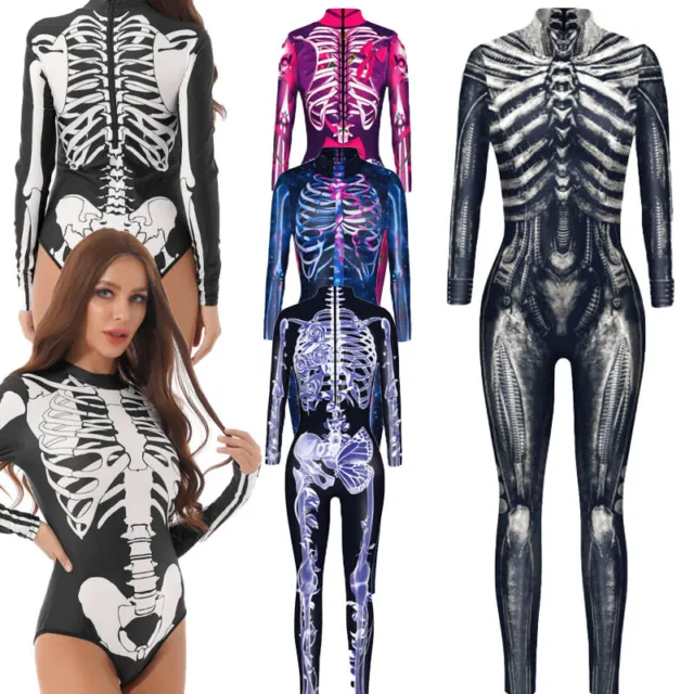 Costume da donna scheletro scheletro di Halloween pezzo unico festa body divertenti