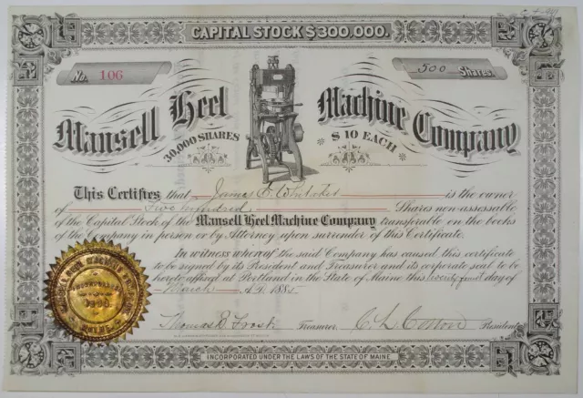ME. Mansell Hell Machine Co. 1885 I/U Stock Certificate