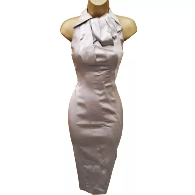 UK 14 KAREN MILLEN Champagne Satin Halterneck Ascot Cocktail Races Pencil Dress