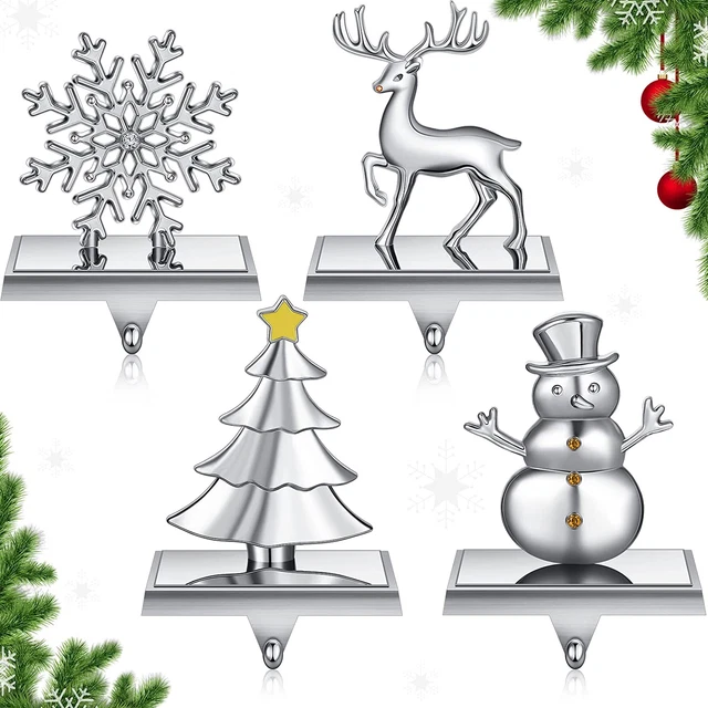 4 Pieces Christmas Stocking Holders for Mantel Double Snowflake Reindeer Snowman