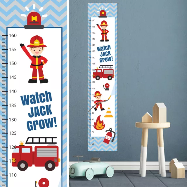 Personalised Cute Boys Fireman Measuring Height Growth Sticker Chart Pack