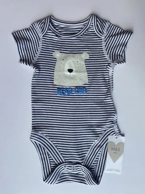 M&S Baby Boy Blue White Short Sleeved Bodysuit One Piece BEAR CUB BNWT 3-6months